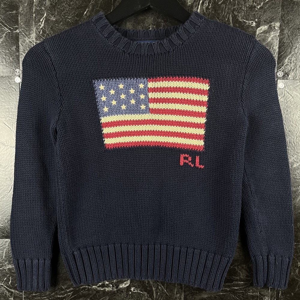 Polo Ralph Lauren Boy's Navy USA Flag Knit Sweater Small (8)